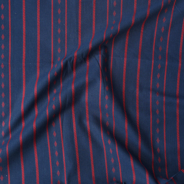 Pure Cotton Handloom Navy Blue With Red Stripes Border Woven Fabric