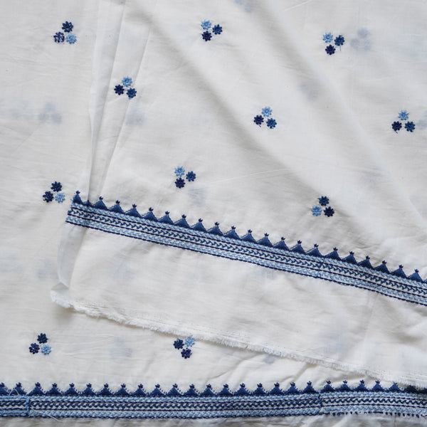 ( Width 45 Inches )Pure Cotton Handloom White With Blue And Light Blue Three Flowers Motif Embroidery Hand Woven Fabric