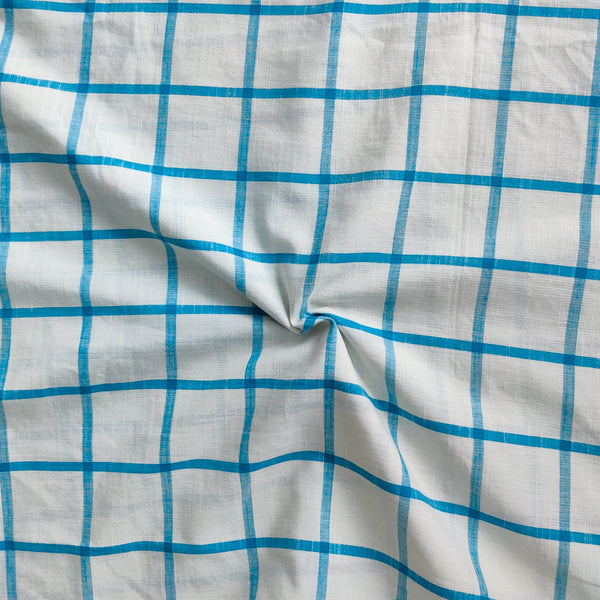 ( Pre-Cut 1.95 Metet ) Pure Cotton Handloom White With Blue Checks Hand Woven Fabric