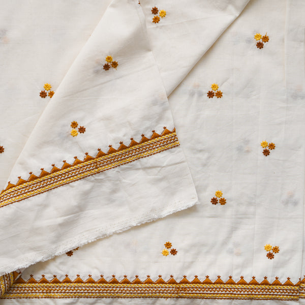 ( Width 45 Inches )Pure Cotton Handloom White With Brown And Mustard With Light Brown Three Flowers Motif Embriodery Hand Woven Fabric