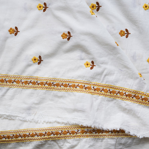 ( Width 45 Inches) Pure Cotton Handloom White With Brown With Light Brown And Mustard  Flowers Motif Embroidery Hand Woven Fabric