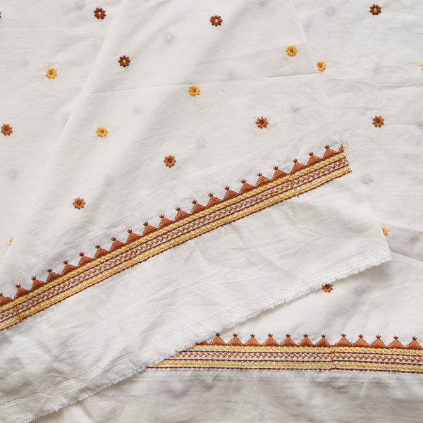 ( Width 45 Inches ) Pure Cotton Handloom White With Brown With Light Brown And Mustard Tiny Flowers Motif Embroidery Hand Woven Fabric