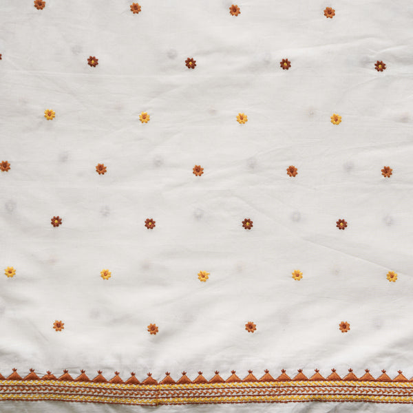 (Pre-Cut 1.70 Meter) ( Width 45 Inches ) Pure Cotton Handloom White With Brown With Light Brown And Mustard Tiny Flowers Motif Embroidery Hand Woven Fabric