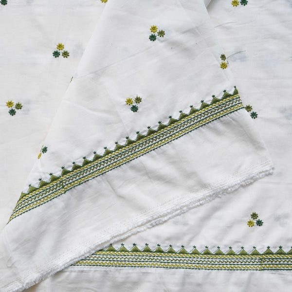 ( Width 45 Inches ) Pure Cotton Handloom White With Green And Light Green Three Flowers Motif Embriodery Hand Woven Fabric