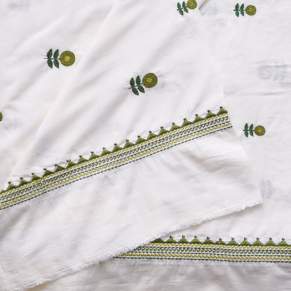 ( Width 45 Inches ) Pure Cotton Handloom White With Green With Light Green Flowers Motif Embroidery Hand Woven Fabric