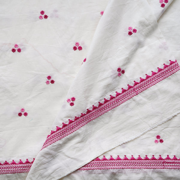 ( Width 45 Inches )Pure Cotton Handloom White With Pink And Light Pink Three Flowers Motif Embroidery Hand Woven Fabric