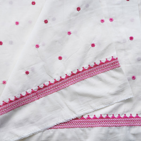 ( Width 45 Inches ) Pure Cotton Handloom White With Pink And Light Pink Tiny Flowers Motif Embroidery Hand Woven Fabric