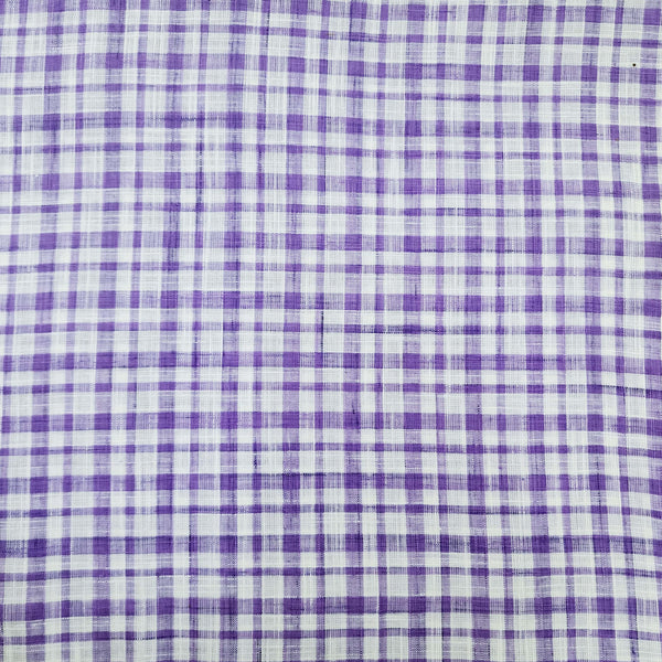 ( Pre-Cut 2.40 Meter ) Pure Cotton Handloom White With Purple Small Checks Hand Woven Fabric