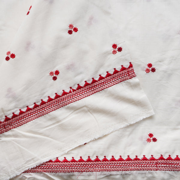 ( Width 45 Inches ) Pure Cotton Handloom White With Red And Light Peach Three Flowers Motif Embroidery Hand Woven Fabric