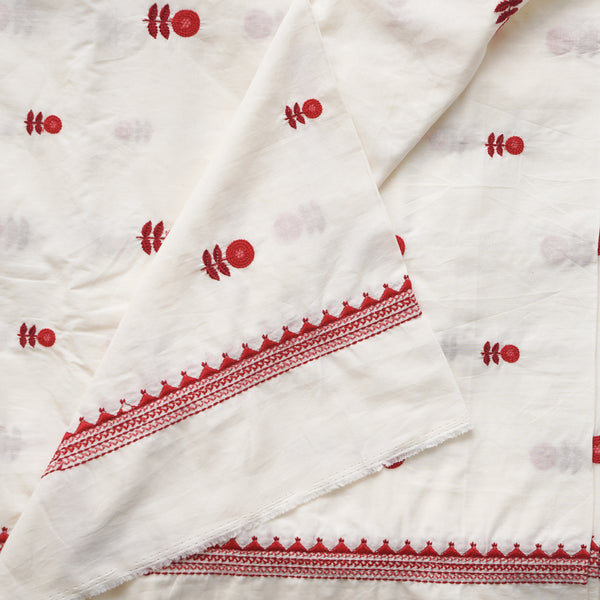 ( Width 45 Inches ) Pure Cotton Handloom White With Red With Maroon Flowers Motif Embroidery Hand Woven Fabric