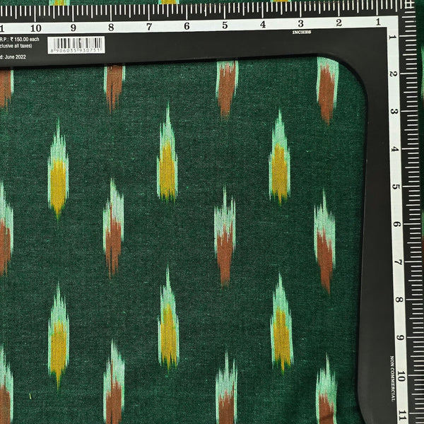 Pure Cotton Ikkat Green With Yellow Red Distorted Woven Fabric