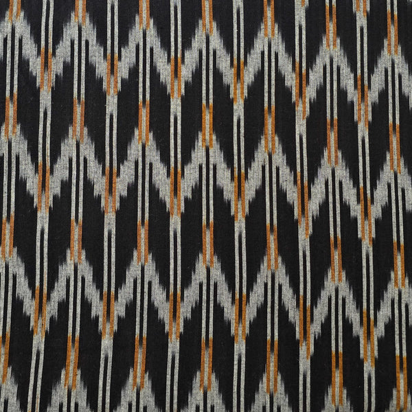 Pure Cotton Special Ikkat Black With White Mustard Geometrical Design Woven Fabric