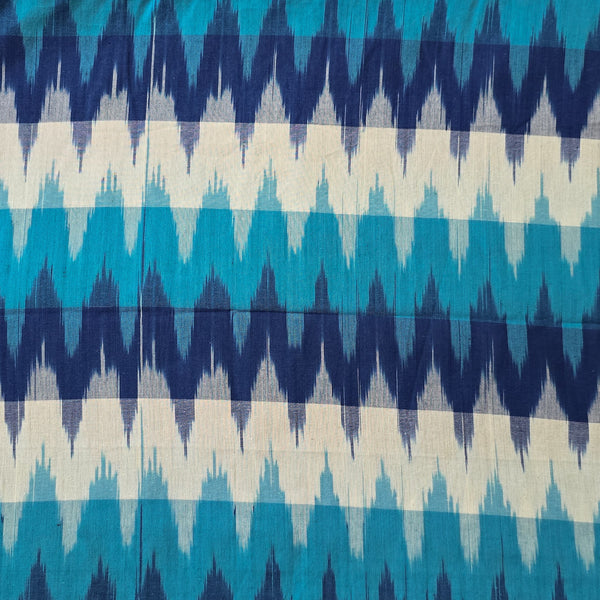 Pure Cotton Double Ikkat With Dark Blue Light Blue And White Weaves Woven Fabric