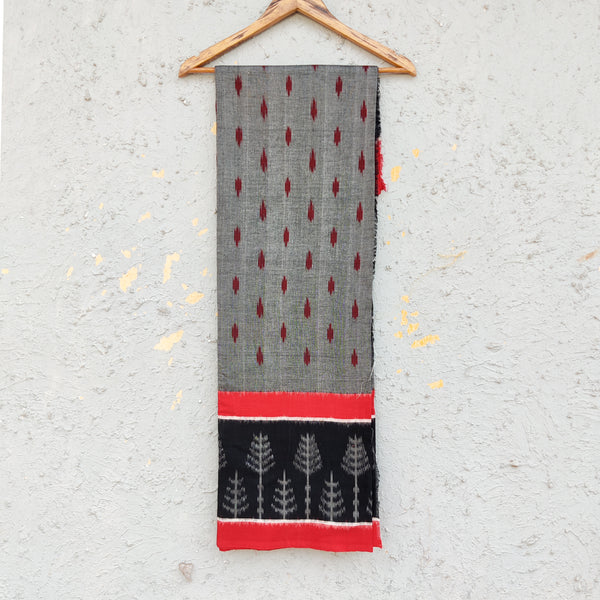 Pure Cotton Ikkat Grey With Black And Red Big Border Hand Woven Fabric