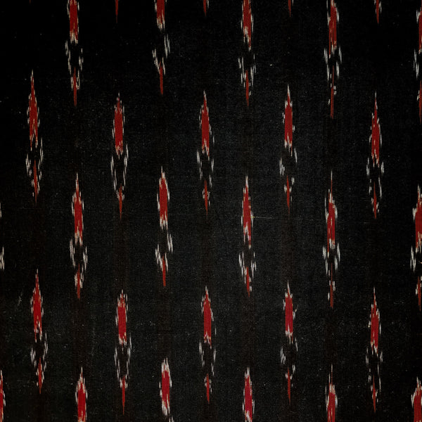 ( Pre-Cut 1.85 Meter ) Pure Cotton Ikkat Mine Deep Black With Red And Cream Plant Hand Woven Fabric