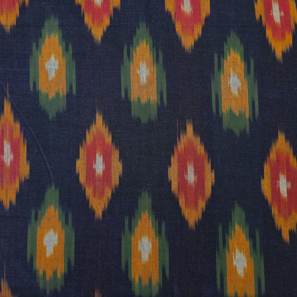 Pure Cotton Special Ikkat Navy With Mustard Red Green Weaves Woven Fabric