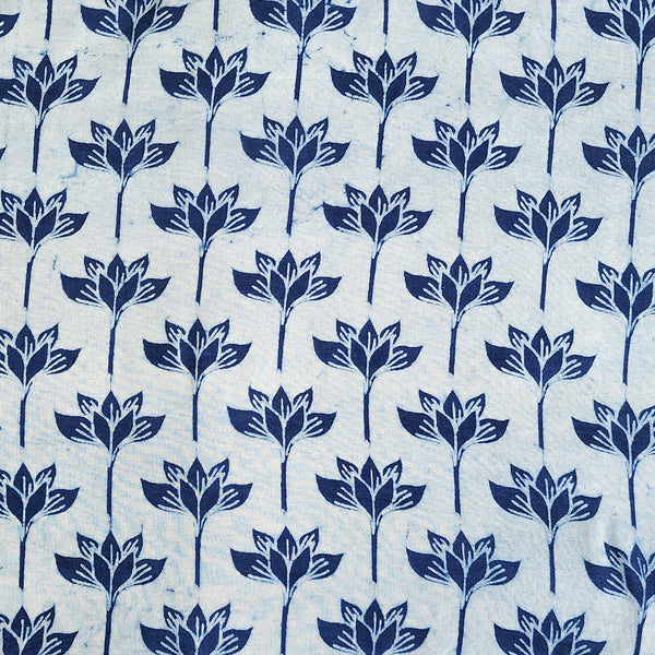 Pure Cotton Indigo Blue Lotus Creeper Hand Block Print Fabric