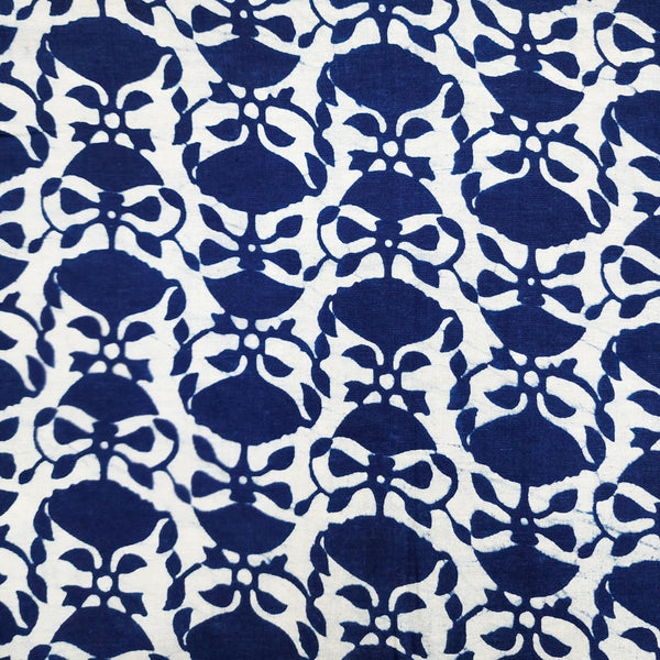 ( Pre-Cut 1.75 Meter ) Pure Cotton Indigo Flower Creeper Hand Block Print Fabric