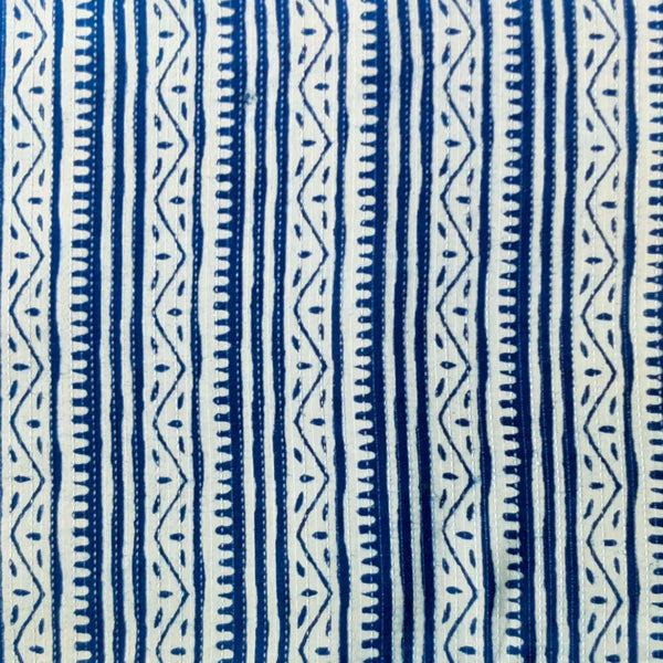 ( PRE-CUT 0.85 METER ) Pure Cotton Indigo Kaatha With Tribal Stripes Hand Block Print Fabric