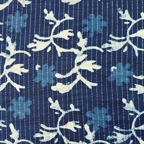 ( Pre-Cut 1.70 Meter ) Pure Cotton Indigo Lurex Flower Jaal Hand Block Print Fabric