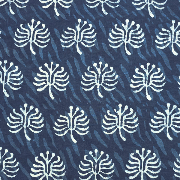 Pure Cotton Indigo Shy Leaves Motif  Hand Block Print Fabric