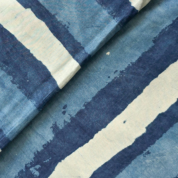 Pre-cut 2 meter Pure Cotton Indigo White And Blue Fat Stripes  Design Hand Block Print Fabric