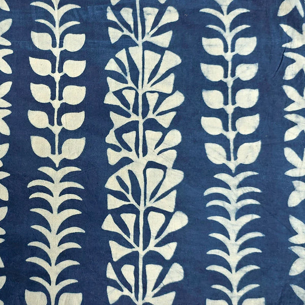 (Pre-Cut 1.80 Meter) Pure Cotton Indigo White And Blue Flower Creeper Hand Block Print Fabric