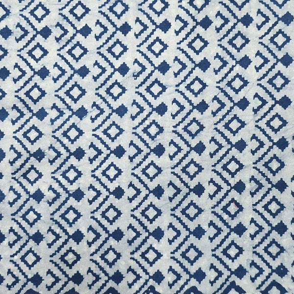 Pre Cut (1.90 Meter) Pure Cotton Indigo White And Blue Intricate Design Hand Block Print Fabric