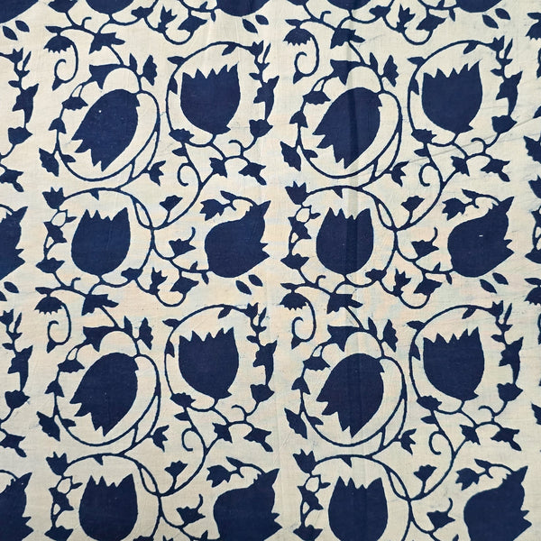 Pure Cotton Light Indigo With Lotus Jaal Hand Block Print Fabric