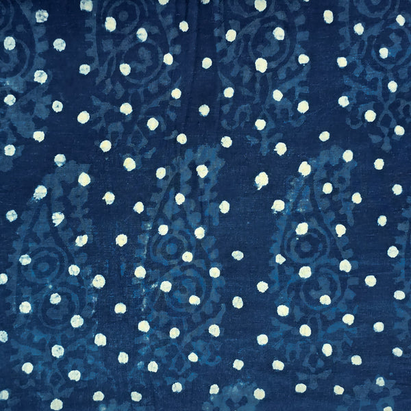 Pure Cotton Indigo White Polka Dots And Light Blue Kairi Design Hand Block Print Fabric