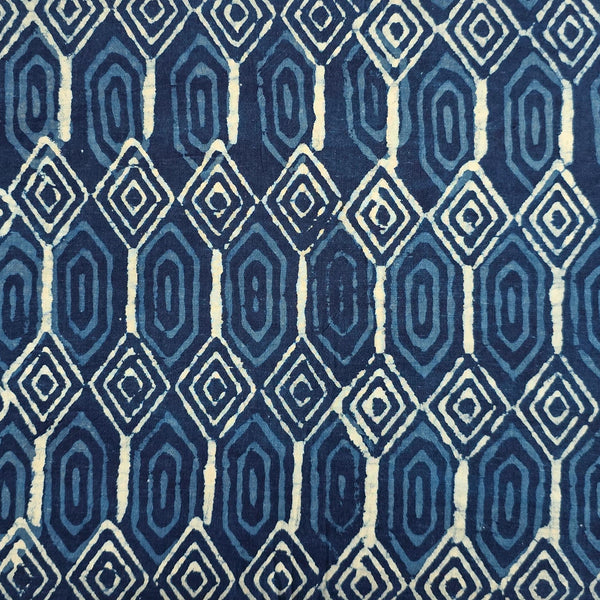 Pure Cotton Indigo White With Blue Diamond Design  Hand Block Print Fabric