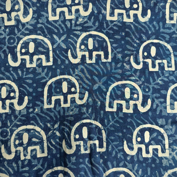 Pure Cotton Indigo White With Blue Elephants Motif Hand Block Print Fabric