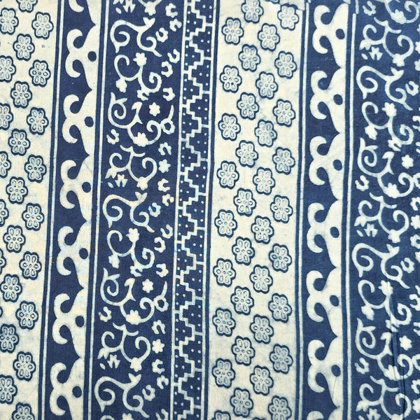 Pure Cotton Indigo White With Blue Fat Border Intricate Design Hand Block Print Fabric