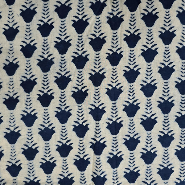 Pure Cotton Indigo White With Blue Flower Lotus Creeper Hand Block Print Fabric