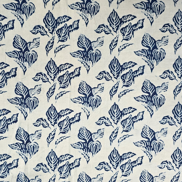 Pure Cotton Light Indigo With Leaves Hand Bock Print Fabric