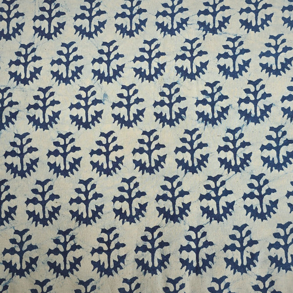 Pure Cotton Indigo White With Blue Flower Plant Motif Hand Block Print Fabric