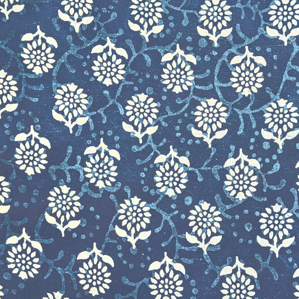 (PRE CUT 1.47 Meter)  Pure Cotton Indigo White With Blue Flower Up And Down Flower Motif Hand Block Print Fabric