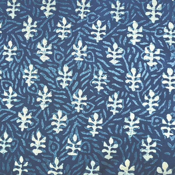 Pure Cotton Indigo White With Blue Plant Motif Hand Block Print Fabric