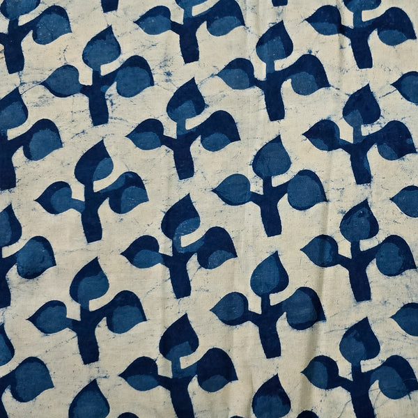 Pure Cotton Light Indigo With Blue Big Leaf Motif Hand Block Print Fabric