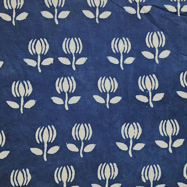 Pure Cotton Indigo With Lotus Hand Block Print Fabric