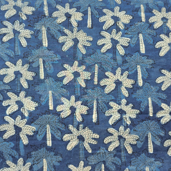 Pure Cotton Indigo With White Coconut Tree Hand Block Print Fabric