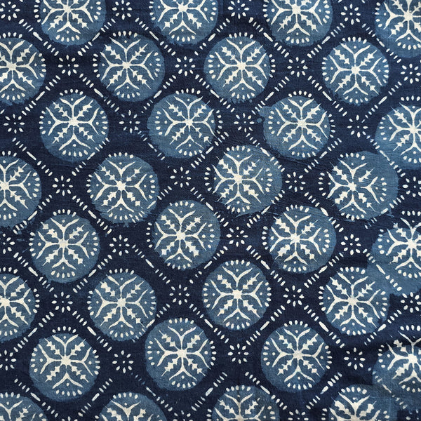 Pure Cotton Indigo With White diagonal square Circles With Intricate Design Hand Block Print Fabric