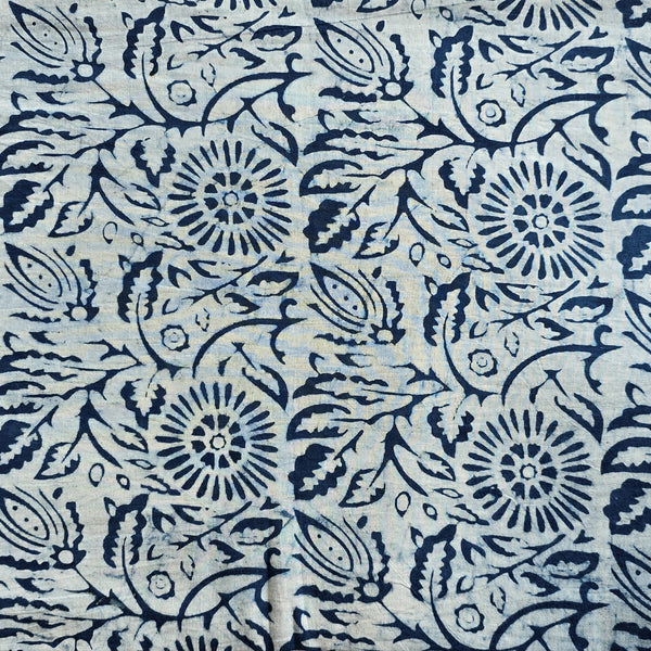 Pure Cotton Indigo With White  Flower Jaal Hand Block Print Fabric