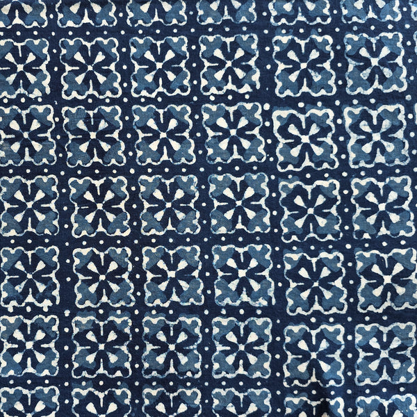 Pure Cotton Indigo With White Flower Square Design Hand Block Print Fabric