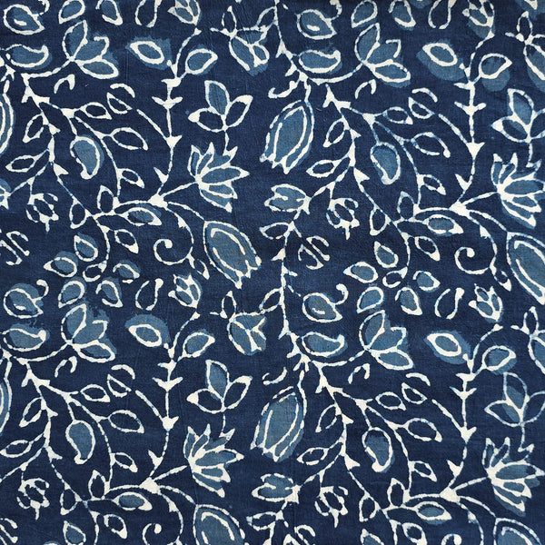 Pure Cotton Indigo With White Leaves Creeper Jaal Hand Block Print Fabric