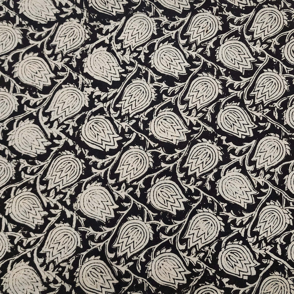 ( Pre-Cut 1 Meter )Pure Cotton Jahota Black With Lotus Bud Jaal Hand Block Print Fabric