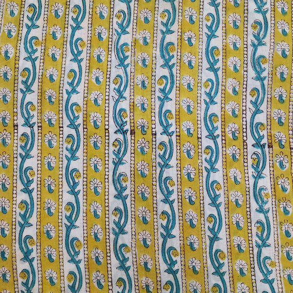 ( PRE-CUT 1.50 METER ) Pure Cotton Jaipuri Blue And Green Border Hand Block Print Fabric