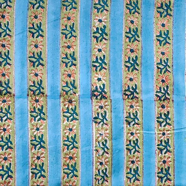 Pure Cotton Jaipuri Blue With Cream Border With Flower Creeper Hand Block Print Fabric