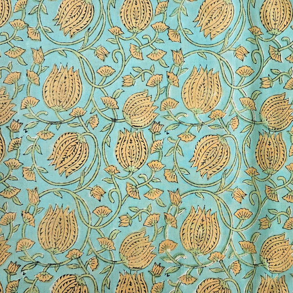 Per Cut (1.55 Meter) Pure Cotton Jaipuri Blue With Cream Lotus Jaal Hand Block Print Fabric