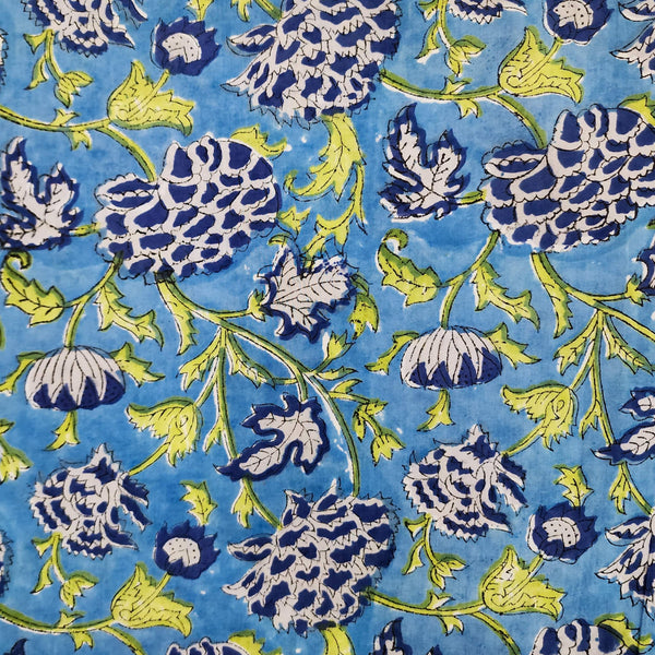 ( Pre-Cut 2 Meter ) Pure Cotton Jaipuri Blue With Dark Blue And Green Flower Hand Block Print Fabric